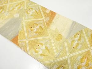 アンティーク　向かい鶴に桐・菊模様織り出し袋帯（材料）